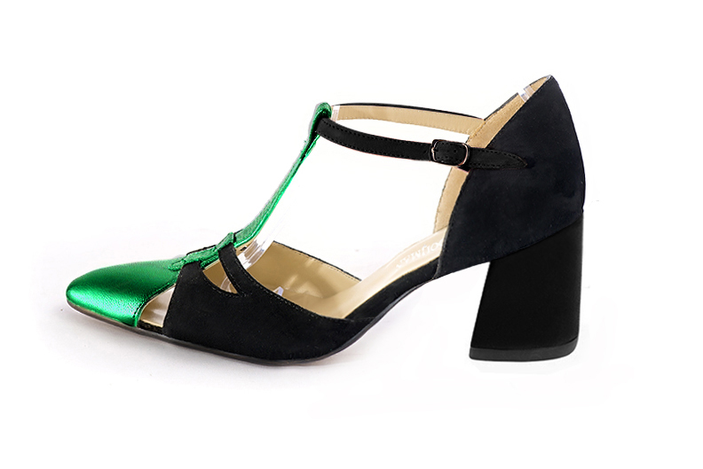 Emerald green and matt black women's T-strap open side shoes. Tapered toe. Medium flare heels. Profile view - Florence KOOIJMAN